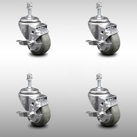 Service Caster 3.5 Inch SS Gray Polyurethane Swivel 3/8 Inch Threaded Stem Caster Set Brake SCC SCC-SSTS20S3514-PPUB-TLB-381615-4